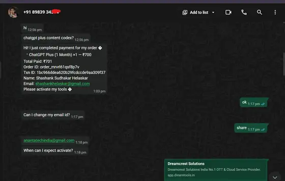 Delivery proof for ChatGPT Plus — Login URL shared